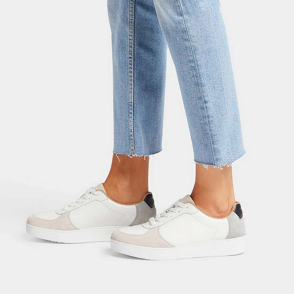 White/Blue Women's Fitflop RALLY Leather/Suede Panel Sneakers | MN7286390