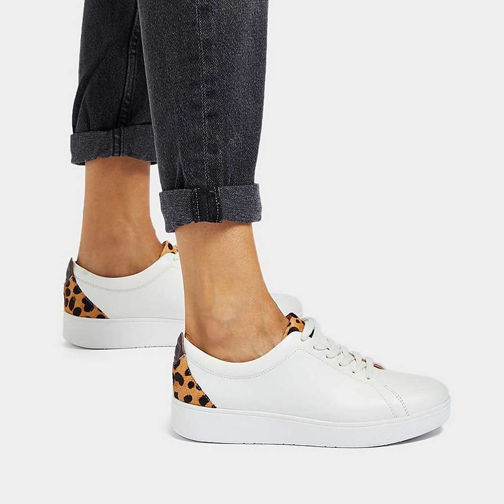 White/Leopard Women's Fitflop RALLY Leopard-Back Leather Sneakers | FR1406738