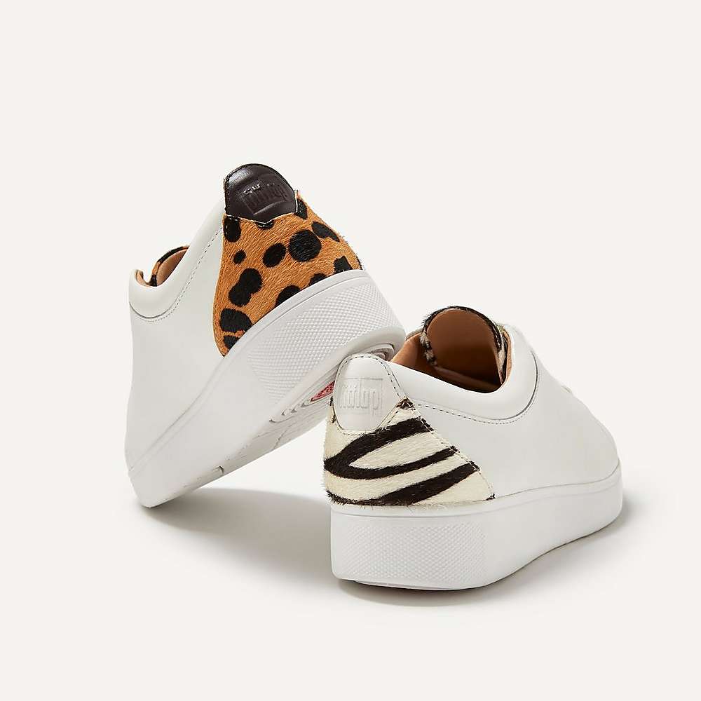 White/Leopard Women's Fitflop RALLY Leopard-Back Leather Sneakers | FR1406738