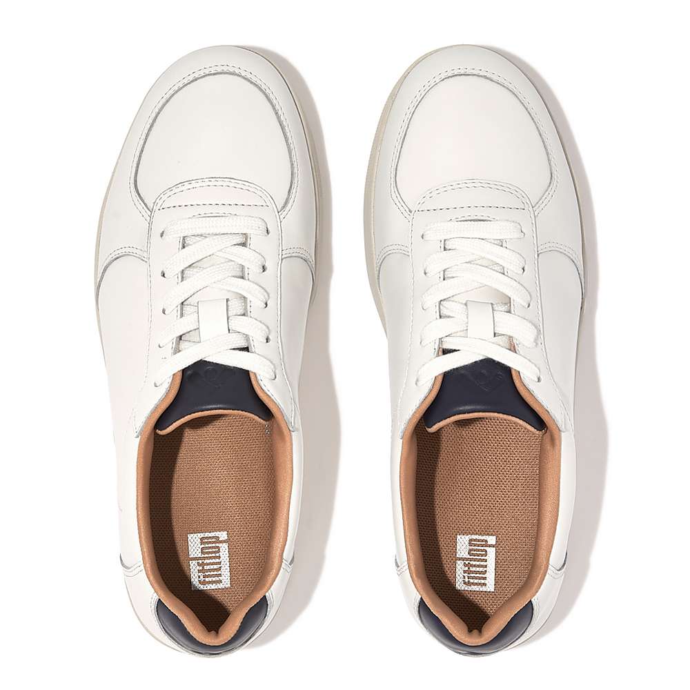 White/Navy Women's Fitflop RALLY Leather Panel Sneakers | TE2371804