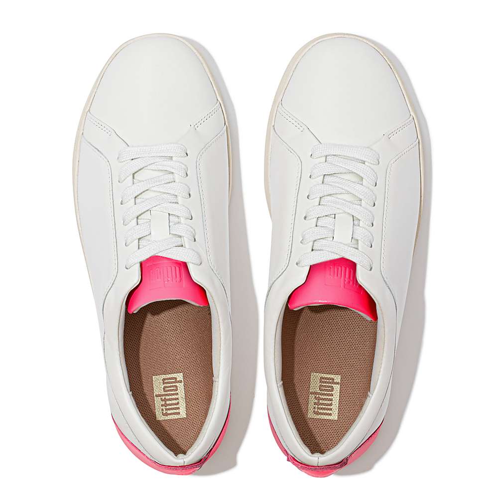 White/Pink Women's Fitflop RALLY Neon-Pop Leather Sneakers | BT4520139