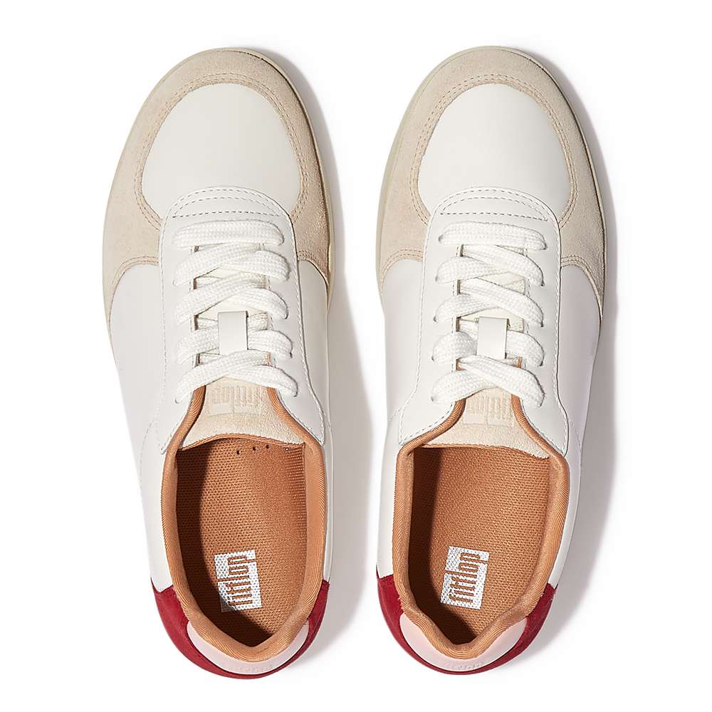 White/Red Women's Fitflop RALLY Leather/Suede Panel Sneakers | MP3879064