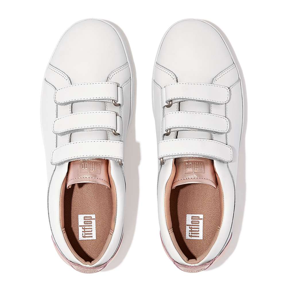 White/Rose Gold Women's Fitflop RALLY Metallic-Back Leather Strap Sneakers | OU1396204