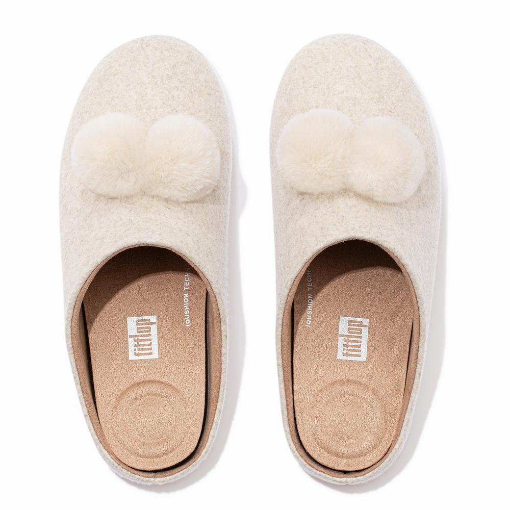 White Women's Fitflop CHRISSIE Pom-Pom Felt Slippers | OV7325460