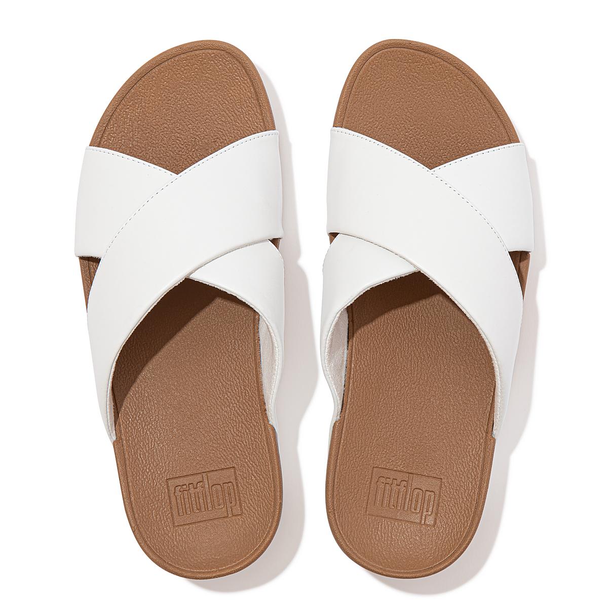 White Women's Fitflop LULU Leather Cross Slides Sandals | FX8019376