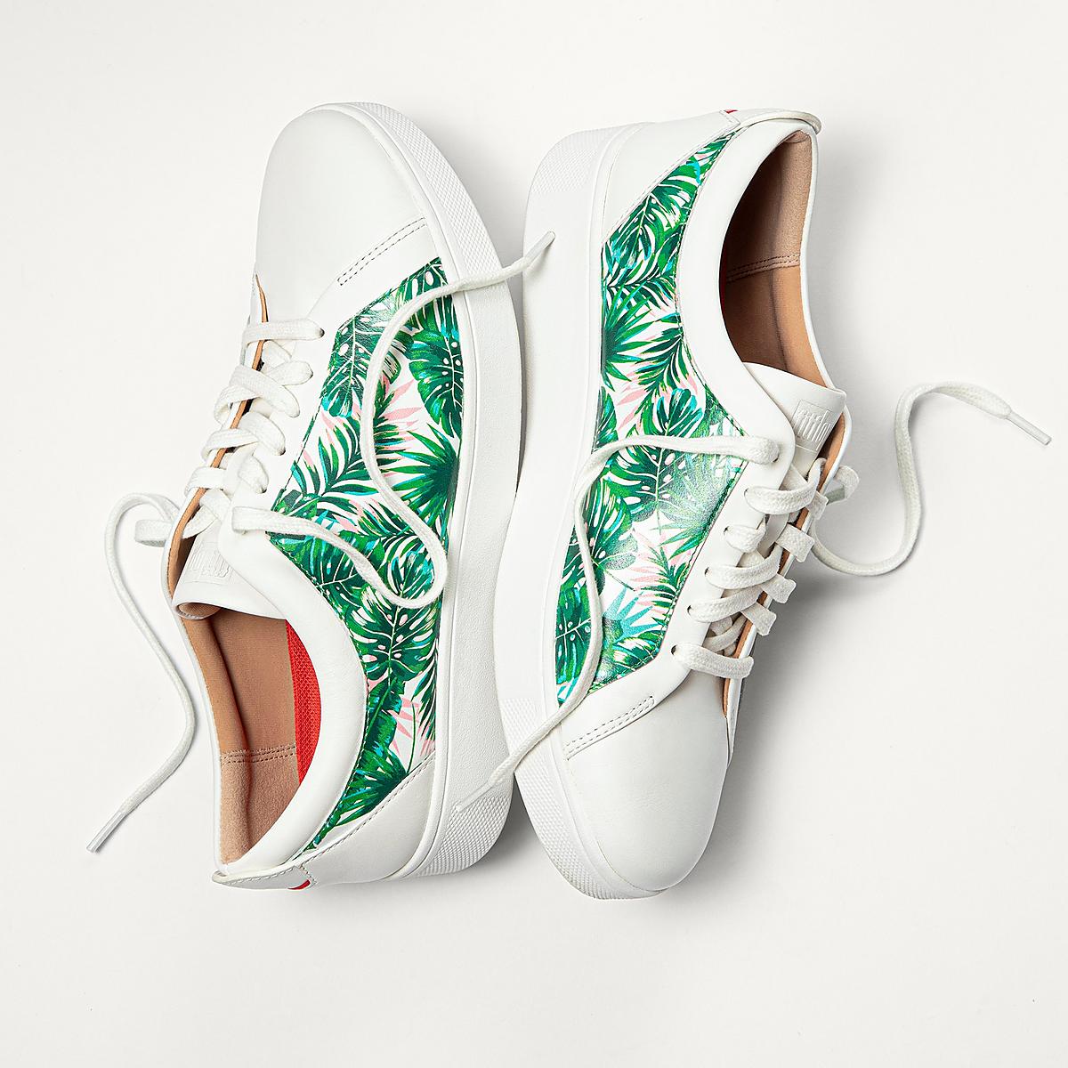 White Women's Fitflop RALLY Jungle-Print Leather Sneakers | HG9420675