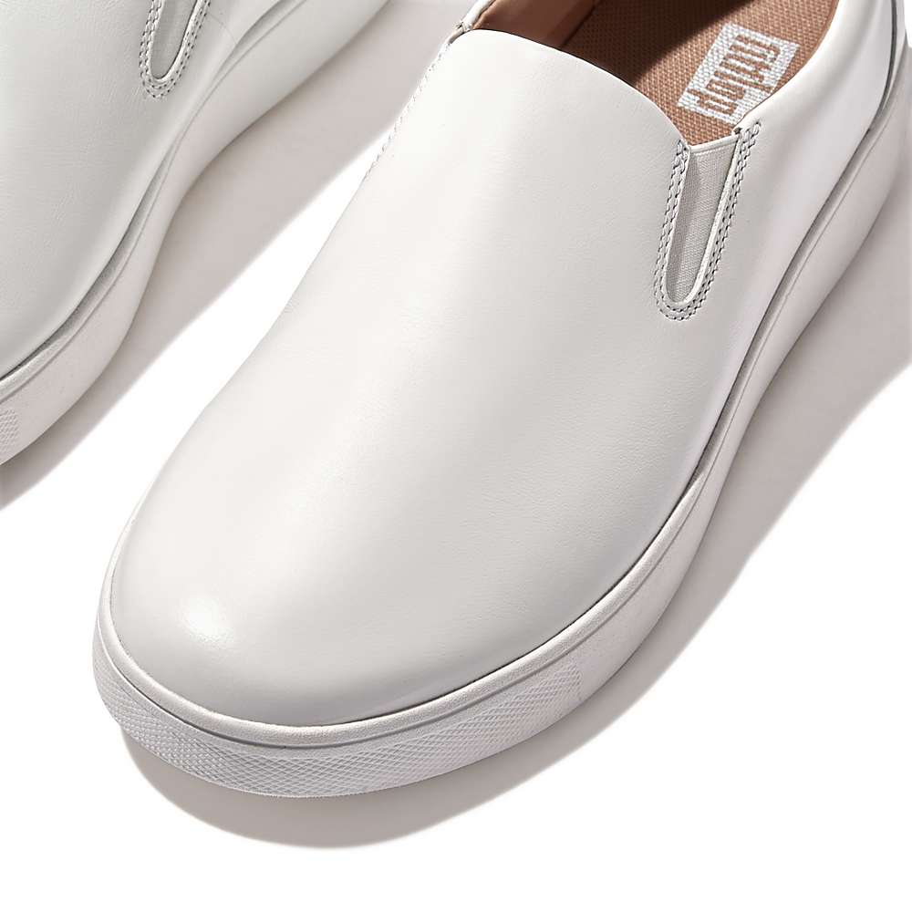 White Women's Fitflop RALLY Leather Slip-On Skate Sneakers | GQ1067259