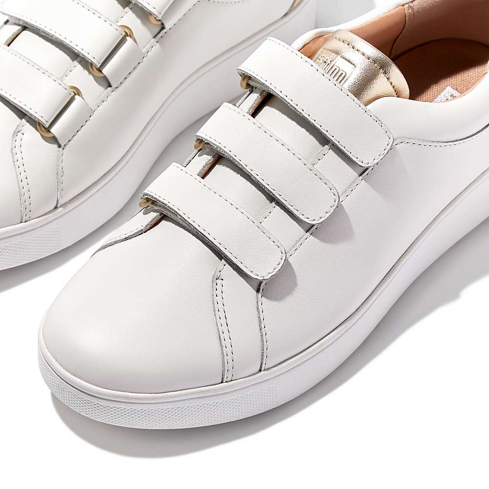 White Women's Fitflop RALLY Metallic-Back Leather Strap Sneakers | IM4968523