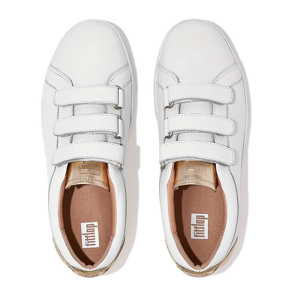 White Women's Fitflop RALLY Metallic-Back Leather Strap Sneakers | IM4968523