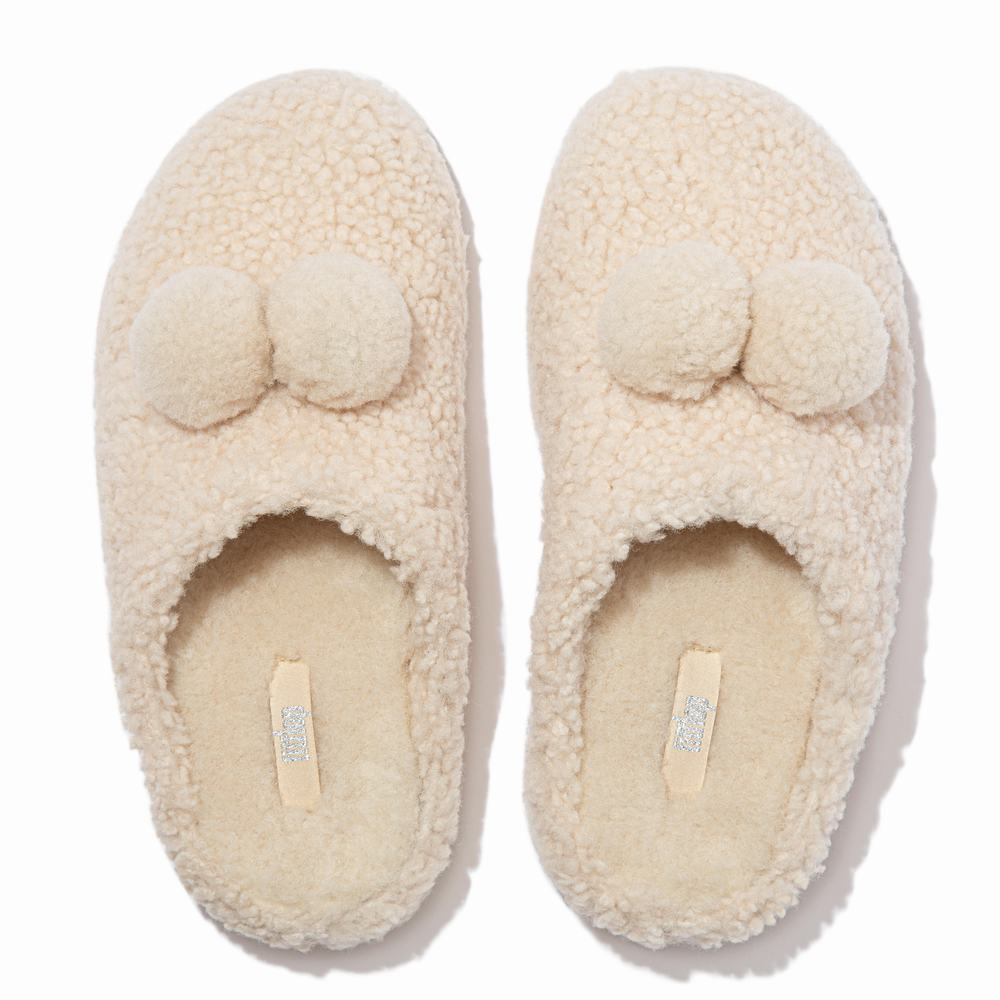 White Women's Fitflop SHUV Pom-Pom Shearling Clog Slippers | NU6123089