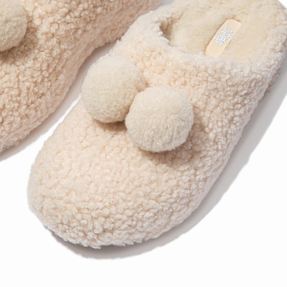 White Women's Fitflop SHUV Pom-Pom Shearling Clog Slippers | NU6123089