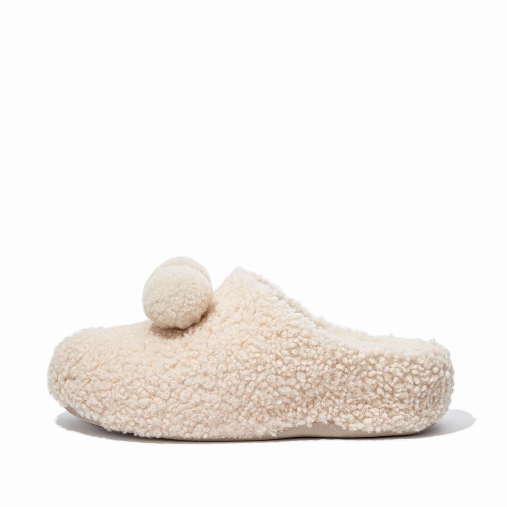 White Women\'s Fitflop SHUV Pom-Pom Shearling Clog Slippers | NU6123089