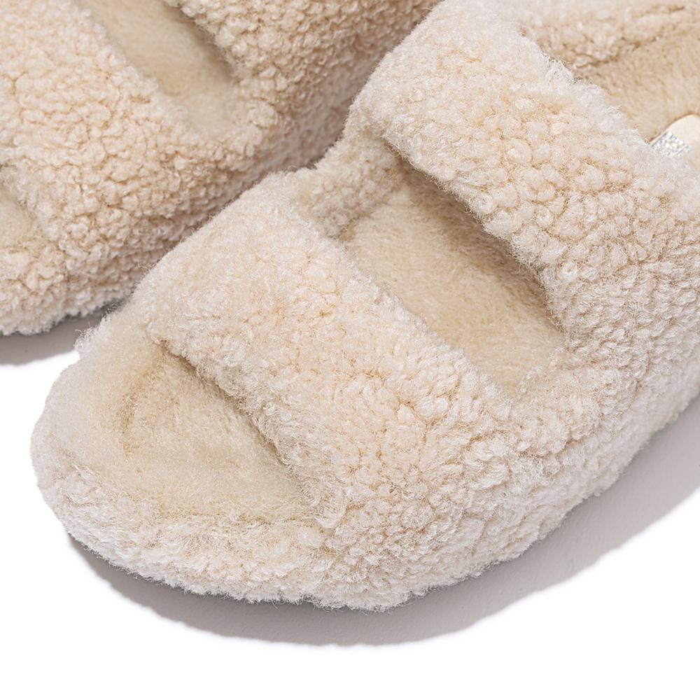 White Women's Fitflop SHUV Two-Bar Shearling Slides Slippers | CA0927136